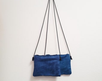 Blue - Micro Suede Cross Body Purse - Rope Strap Velvet Zipper Bag - Simple - Minimal - Carry Phone Keys Wallet On the Go - Gift for Her