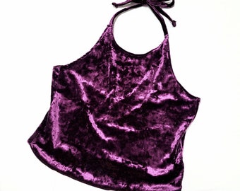 Wine Burgundy - Crush Velvet Halter Top - Summer Time - Beach Wear - Crop Top - Tie Straps