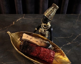 African Woman Resin Sculpture with Gold Leaf Tray, Black Tribal Organizer