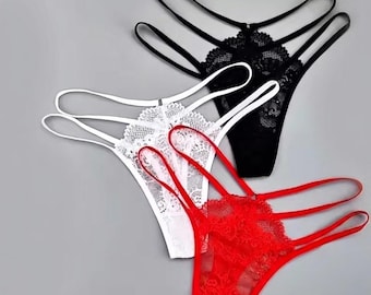 Braguita tanga de encaje floral con tiras para mujer – Diseño de tiro bajo con tiras laterales