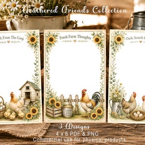 May include: Three rectangular stationery cards featuring a Feathered Friends Collection theme. Each card has a white center, sunflower and greenery borders, and farm-themed illustrations including chickens, a coop, and eggs. Text includes Fresh From The Coop, Fresh Farm Thoughts, and Cluck, Scratch & Scribble.