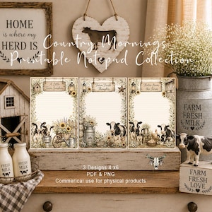 May include: Three rectangular printable notepads featuring farm-themed illustrations of cows, sunflowers, and rustic elements. Each notepad has lined paper for writing, with headers reading A Little Farm Sunshine, Farm Fresh Thoughts, and Notes from the Farm.
