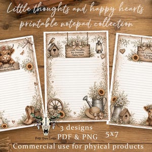 May include: Three printable notepad sheets featuring rustic illustrations of Highland cows, sunflowers, birdhouses, lanterns, and cowboy boots. Each sheet includes lined writing space and decorative wooden signs with text like Have an utterly Wonderful Day.