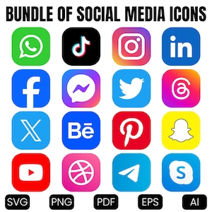 May include: A digital collection of social media icons arranged in a four-by-four grid, featuring logos for WhatsApp, TikTok, Instagram, LinkedIn, Facebook, Messenger, Twitter, Threads, X, Behance, Pinterest, Snapchat, YouTube, Dribbble, Telegram, and Skype.
