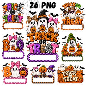 Pode incluir: Uma coleção de 26 designs PNG digitais com fantasmas de desenhos animados, abóboras, morcegos e textos de Halloween como Trick or Treat e Boo. Os gráficos incluem padrões coloridos, laços, chapéus e etiquetas em branco para personalizar.