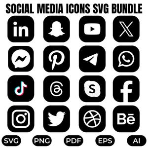 Può includere: Una raccolta di icone per social media disposte in una griglia, con loghi bianchi su quadrati neri dagli angoli arrotondati. Il testo SOCIAL MEDIA ICONS SVG BUNDLE è in alto, con i formati SVG, PNG, PDF, EPS e AI elencati in basso.