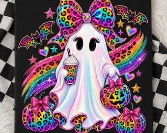 May include: A black t-shirt featuring a white ghost with a large rainbow leopard print bow, holding a coffee cup and a pumpkin bucket. The design includes rainbow leopard print pumpkins, bats, stars, hearts, and a rainbow brushstroke background.