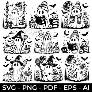 Può includere: Una collezione di nove illustrazioni in bianco e nero con fantasmi in varie ambientazioni di Halloween, tra cui zucche, lune, pipistrelli, libri e scope. Il testo SVG - PNG - PDF - EPS - AI è visualizzato nella parte inferiore.