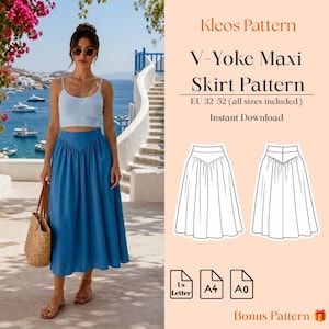 May include: A sewing pattern for a V-yoke maxi skirt labeled Kleos Pattern, including EU sizes 32-52. The digital file features technical line drawings of the skirt front and back, with icons for US Letter, A4, and A0 paper formats for printing.