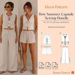 Könnte beinhalten: Kleos Pattern Bow Summer Capsule Sewing Bundle enthält Schnittmuster für eine Weste mit Bindebändern vorne, Shorts und eine weite Hose mit seitlichen Bindebändern. Die digitale Datei umfasst die Größen EU 32-52 in US Letter, A4 und A0.