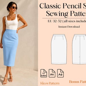 Puede incluir: Un patrón de costura digital para una falda lápiz clásica, con el texto Classic Pencil Skirt Sewing Pattern, EU 32-52, Instant Download, Kleos Pattern y Bonus Pattern. Incluye dibujos lineales de la parte delantera y trasera de la falda.