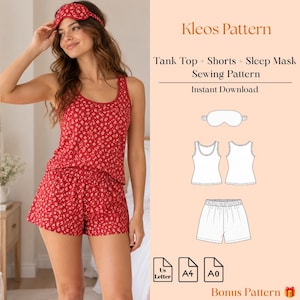 May include: Kleos Pattern Tank Top + Shorts + Sleep Mask Sewing Pattern. A red tank top and shorts set with a small white floral print, paired with a matching sleep mask. Includes technical line drawings of the garments and file format icons.