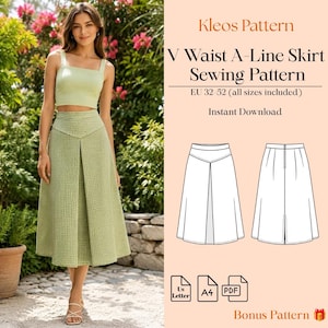 V Waist A-Line Skirt Sewing Pattern | High Waist Skirt PDF Pattern | Women's Skirt Pattern | Instant Download | EU 32-52