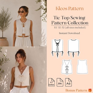 May include: Kleos Pattern Tie Top Sewing Pattern Collection for EU sizes 32-52. Includes digital files for US Letter, A4, and A0 formats. Features line drawings of sleeveless tops with front tie closures and side ties, shown on models in beige.