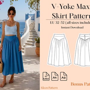 May include: A V-Yoke Maxi Skirt Pattern for sizes EU 32-52. The image displays a blue maxi skirt with a V-shaped yoke, a white line drawing of the skirt front and back, and icons for US Letter, A4, and A0 paper formats. Text includes V-Yoke Maxi Skirt Pattern.
