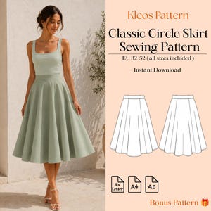 May include: A digital sewing pattern for a classic circle skirt titled Kleos Pattern. The image displays a sage green skirt, a technical line drawing of the skirt, and icons for US Letter, A4, and A0 paper formats for this instant download.