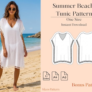 Könnte beinhalten: Eine weiße Strandtunika mit V-Ausschnitt und Quastenbesatz an den Seiten, dargestellt an einem Modell und als technische Strichzeichnung. Der Text lautet Summer Beach Tunic Pattern, One Size, Instant Download, US Letter, A4, A0, Bonus Pattern, Kleos Pattern.