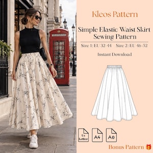May include: A sewing pattern for a simple elastic waist skirt titled Kleos Pattern. The image displays a skirt with a cream base and black floral line art, alongside a technical line drawing of the skirt and icons for US Letter, A4, and A0 sizes.