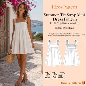 Könnte beinhalten: Ein weißes Minikleid mit Bindeträgern und gerafftem Rock, dargestellt neben einem Schnittmuster mit der Aufschrift Kleos Pattern Summer Tie Strap Mini Dress Pattern EU 32-52, inklusive technischer Zeichnungen.
