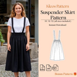 May include: A sewing pattern for a black suspender skirt titled Kleos Pattern. The document includes sizes EU 32-52, an instant download format, and a line drawing of the skirt. Icons for US Letter, A4, and PDF formats are displayed at the bottom.