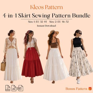 Może przedstawiać: Kleos Pattern 4-in-1 Skirt Sewing Pattern Bundle, Size 1: EU 32-44, Size 2: EU 46-52. Obraz przedstawia cztery warianty długich spódnic: gładką białą spódnicę, gładką czerwoną spódnicę, białą spódnicę oraz spódnicę w kwiatowy wzór.