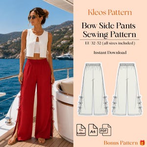 May include: A sewing pattern for bow side pants titled Kleos Pattern, including sizes EU 32-52. The image shows a person wearing red wide-leg pants with side ties and a white vest, alongside a technical line drawing of the pants and file icons.