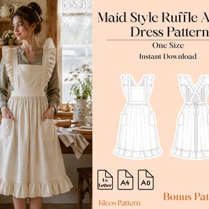 May include: A cream-colored apron dress with wide ruffled shoulder straps, a square neckline, and two front pockets. The image includes text: Maid Style Ruffle Apron Dress Pattern, One Size, Instant Download, US Letter, A4, A0, and Bonus Pattern.