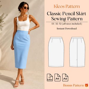 Puede incluir: Un patrón de costura digital para una falda lápiz clásica titulada Kleos Pattern. La imagen muestra una falda lápiz azul claro, un dibujo técnico de la parte delantera y trasera de la falda, e iconos para tamaños de papel US Letter, A4 y A0.