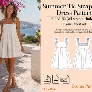 May include: A digital sewing pattern for a Summer Tie Strap Mini Dress, including sizes EU 32-52. The document features technical line drawings of the front and back of the dress, text details, and icons for US Letter, A4, and PDF file formats.