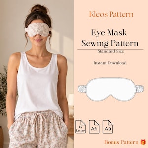 May include: A digital sewing pattern for an eye mask titled Kleos Pattern. The image displays a white tank top, floral pyjama bottoms, and a floral eye mask. It includes a line drawing of the mask, file icons for US Letter, A4, and A0 sizes.
