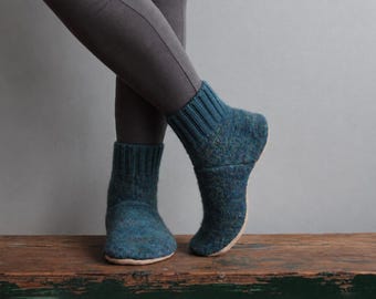 Puede incluir: Un par de calcetines de punto color azul cerceta con puño acanalado y una apariencia texturizada y moteada. Los calcetines presentan una punta redondeada y una suela plana de color claro, ofreciendo un aspecto suave y ajustado al tobillo.