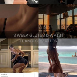 Könnte beinhalten: Ein digitaler Fitness-Guide mit dem Titel 8 WEEK GLUTES & WAIST TRANSFORMATION, der Übungsfotos, ein Gewohnheits-Tracker-Raster sowie Tabellen zur Erfassung von Gesäßumfang, Energielevel und Kraftsteigerung enthält.