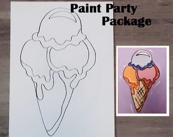 Ice Cream Cone Paint Party PACKAGE, Girls Boys Paint Party, Kids Paint Party Predrawn Canvas, DIY Painting, Birthday Paint Party, Outline