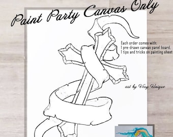 DIY Paint Party, Religious Cross with Ribbon Canvas board ONLY, canvas outline, Pre Drawn, Sip and Paint, Paint Party, Pre-drawn Painting