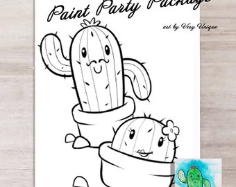 Cute Cactus Plant Paint Party PACKAGE, Sip and Paint, Pre-made Painting, Birthday, DIY Painting, Paint and Sip, Canvas Art Party