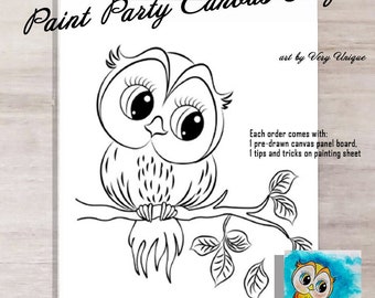 DIY Paint Party Cute Owl Canvas Panel ONLY, Paint Party, Sip and Paint Party, Premade Painting, Birthday, Outlined canvas