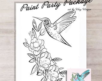 Hummingbird Paint Party PACKAGE, Sip and Paint, Pre-drawn Canvas, DIY Painting, Birthday Paint Party, Canvas Art Party, Outline Canvas