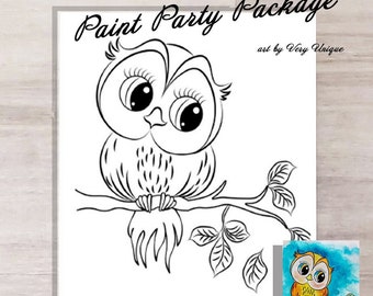 Cute Owl Paint Party PACKAGE, Sip and Paint, Pre-made Painting, Birthday, DIY Painting, Paint and Sip, Canvas Art Party