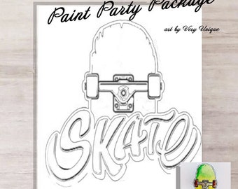 Skateboard Paint Party PACKAGE, Children Paint Party, Pre drawn Canvas, DIY Painting, Birthday Paint Party, Canvas Art Party, Outline Canvas