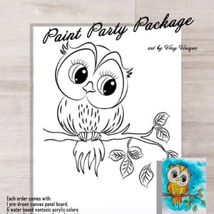 Cute Owl Paint Party PACKAGE, Sip and Paint, Pre-made Painting, Birthday, DIY Painting, Paint and Sip, Canvas Art Party