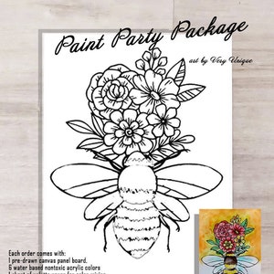Cute Bumble Bee Flowers Paint Party PACKAGE, Sip and Paint, Pre-made Painting, Birthday, DIY Painting, Paint and Sip, Canvas Art Party