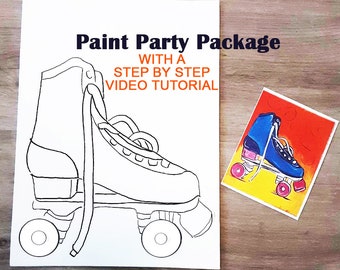 Roller Skate Paint Party PACKAGE Canvas W/ VIDEO TUTORIAL, Sip and Paint Party, Pre-made Canvas, Outline Drawing Canvas, Canvas Art Party