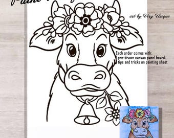 DIY Paint Party Cute Cow Country Canvas Panel ONLY, Sip and Paint, Paint Party, Pre drawn Painting, Outline Canvas