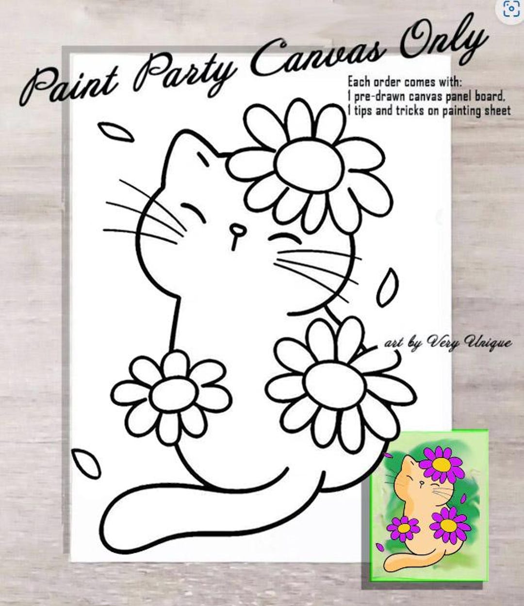 DIY Paint Party Cute Cat With Flowers Canvas Panel ONLY, Paint Party ...