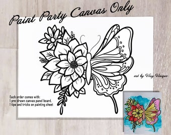 DIY Paint party, Butterfly Flower, Canvas board ONLY, w/ VIDEO tutorial, canvas outline, Pre Drawn, Sip and Paint, Pre-drawn Canvas