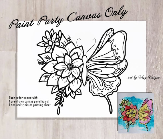 DIY Paint Party, Butterfly Flower, Canvas Board ONLY, W/ VIDEO Tutorial,  Canvas Outline, Pre Drawn, Sip and Paint, Pre-drawn Canvas 