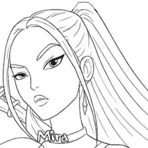 May include: Line art illustration of a woman with long hair pulled back in a ponytail. She has a stern expression and is wearing a choker with the name "Mira" on it. The image is a black and white drawing.