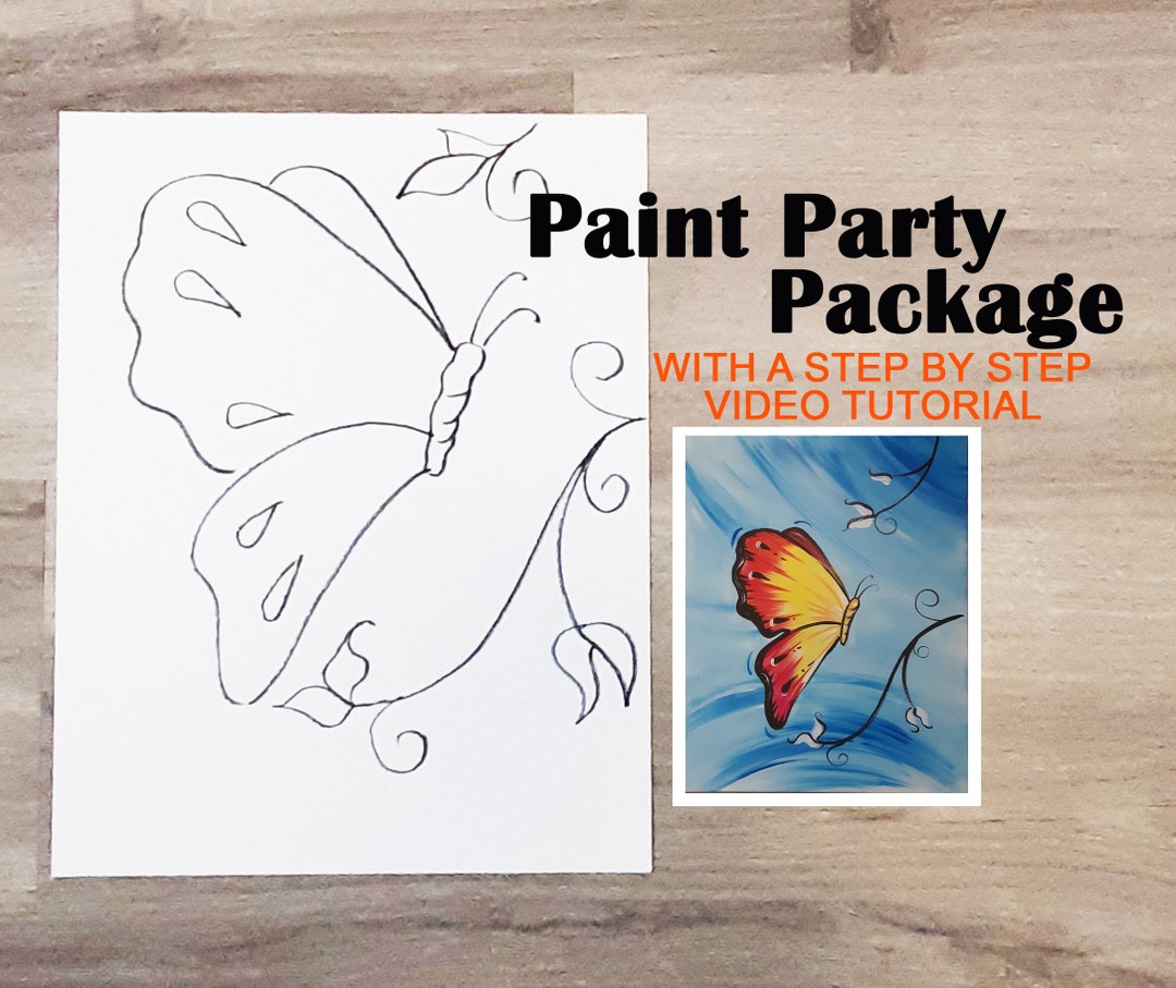 DIY Paint party, Butterfly Flower, Canvas board ONLY, w/ VIDEO tutorial,  canvas outline, Pre Drawn, Sip and Paint, Pre-drawn Canvas
