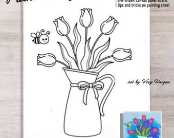DIY Paint Party Tulip Jar Plants Canvas Panel ONLY, Sip and Paint, Paint Party, Pre drawn Painting, Outline Canvas, Pre drawn Canvas,