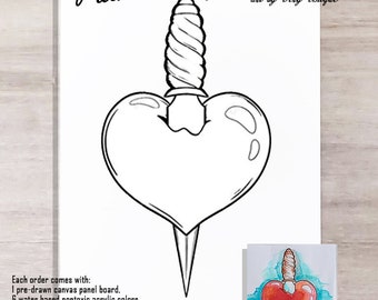 Heart and Sword, Love Paint Party PACKAGE, Sip and Paint Party, Pre-made Canvas, Painting, Canvas Outline, Canvas Drawing, Outlined Canvas